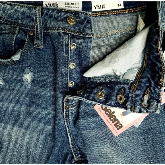 YMI Selena High-Rise Distressed Straight Leg Snap Fly Jeans Medium Wash Sz 14 - Picture 4 of 7